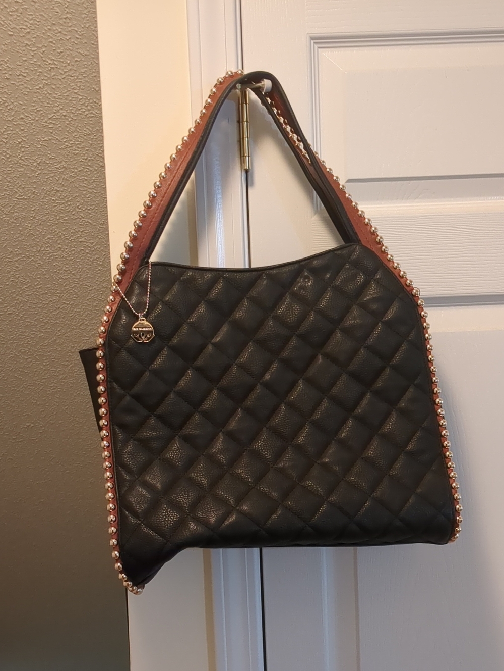 Big Buddha Black Quilted Vegan Leather Bag with Multicolor Geometric Lining